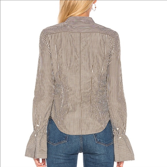 FRAME | Dark Sage & White Stripe Fitted Button Down with Bell Sleeves. - Picture 3 of 8